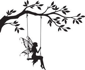 Silhouette of a Fairy on a Swing Hanging from a Tree