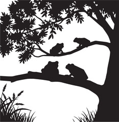 Silhouette of four frogs on a tree branch with grass