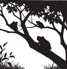 Silhouette of three frogs on a tree branch with grass