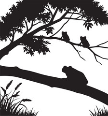 Silhouette of two frogs on a tree branch with grass