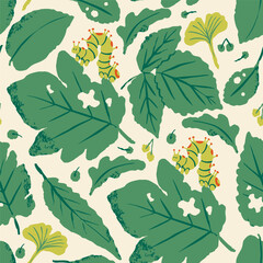 Various green leaves chewed by insects. Damaged leaves with holes due to being eaten by caterpillar. Insect on a leaf. Hand drawn modern Vector illustration. Square seamless Pattern, wallpaper © Dariia