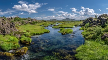 Scenic river landscape with green grass and blue water under cloudy sky