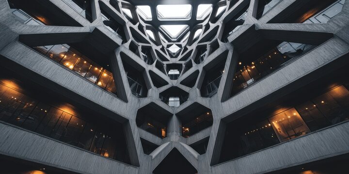 Intricate Geometric Concrete Interior Structure with Interlocking Forms and Warm Lighting