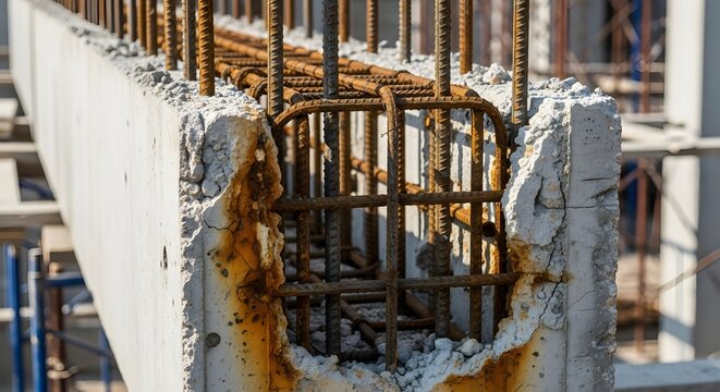 Exposed Steel Rebar in Weathered Concrete Construction Beam