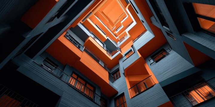 Looking Up into a Modern Geometric Building Courtyard with Orange and Gray Walls
