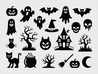 Halloween vector icons silhouette collection spooky ghosts bats haunted houses and more for festive designs silhouette vector illustration white background