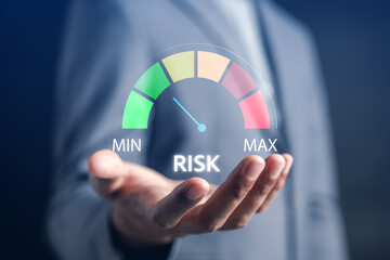 Risk management digital gauge showing risk level from minimum to maximum, business strategy, financial security, investment decision, and risk assessment.