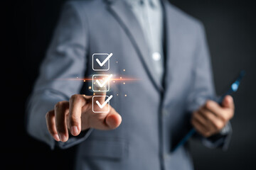 Tick checklist mark, task approval, validation, and workflow management for business organization and productivity, highlighting efficiency, completion, professional performance tracking