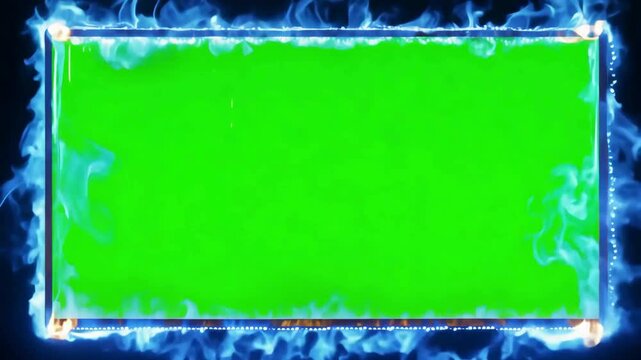Dynamic border effect featuring bright blue and orange fire flames burning around a rectangular frame with a central green screen area
