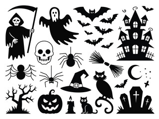 Spooky halloween silhouette vector graphics collection featuring grim reaper bats spiders haunted house and jack-o-lantern silhouette vector illustration white background