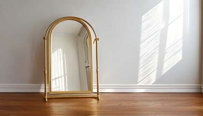A large mirror with a curved top and a golden stand in an empty room with white walls and wooden floors.