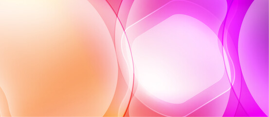 Abstract background features soft, flowing shapes. Colors blend from orange, pink, purple creating luminous effect. Smooth gradients dominate composition.