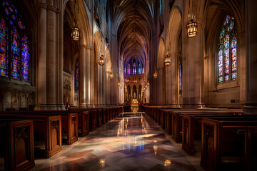 Fototapeta premium Ultra-Realistic Wide Angle Interior Shot of a Serene Cathedral with Colorful Stained Glass Windows and Dramatic Lighting
