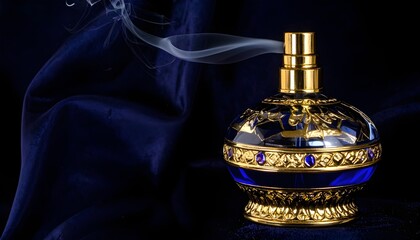 A dark blue perfume bottle with gold accents forming a luxurious engraving isolated on a black background.