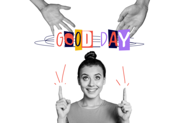 Composite photo collage of happy girl point good day inscription hands palm leisure positive mood isolated on painted background