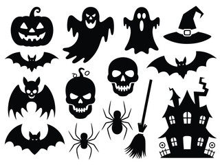 Fototapeta premium Halloween silhouette vector illustrations icons set spooky ghosts bats pumpkins skulls witch hat spiders broom castle silhouette vector illustration white background