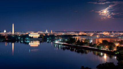 Ultra Realistic Panoramic Night View of Washington D.C. with Moonlit Reflections on Water and Iconic Landmarks