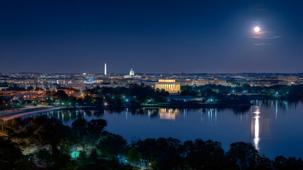 Fototapeta premium Ultra-Realistic Panoramic Night View of Washington D.C. with Moonlight Over the National Mall and Reflecting Water