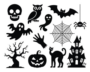 Fototapeta premium Halloween vector graphics collection spooky icons for festive design and decoration silhouette vector illustration white background