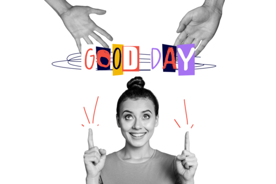 Composite photo collage of happy girl point good day inscription hands palm leisure positive mood isolated on painted background