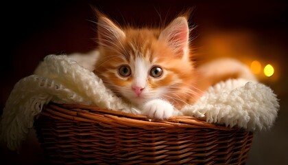An orange kitten is relaxing in a wicker basket and a white wool blanket.