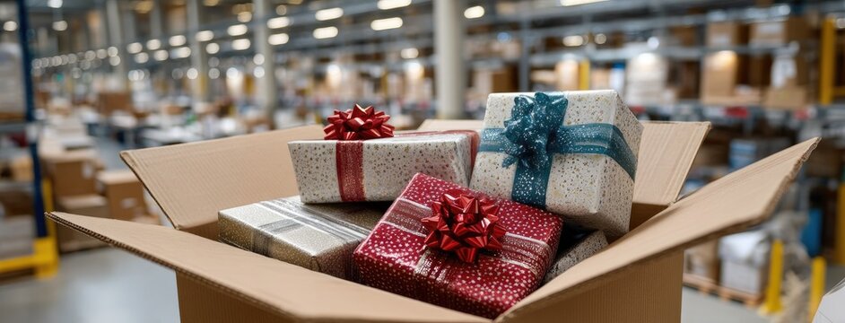 Wrapped gifts in a cardboard box ready for distribution in a busy warehouse during the holiday season - Powered by Adobe