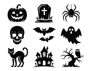 Collection of nine crisp black halloween silhouettes vector illustration scalable eps icon set silhouette vector illustration white background