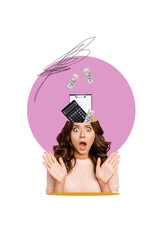 Vertical photo collage of shocked girl cut head money income calculator tool accountant supplies...
