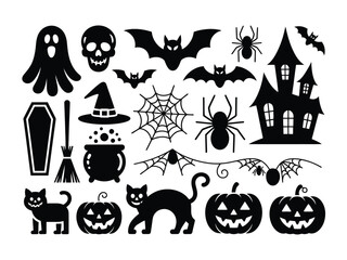 Halloween silhouettes vector collection spooky icons ghost skull bat castle pumpkin witch hat spiders coffin and cat silhouette vector illustration white background
