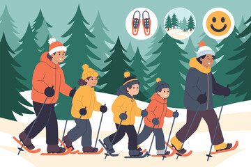 Snowshoe Forest Adventure Vector Banner – Family Snowshoeing Through Winter Pine Forest with Outdoor Recreation and Winter Sports Icon Set