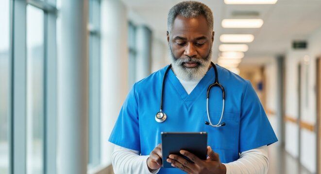 Healthcare professional in blue scrubs uses tablet while walking through hospital corridor during daytime