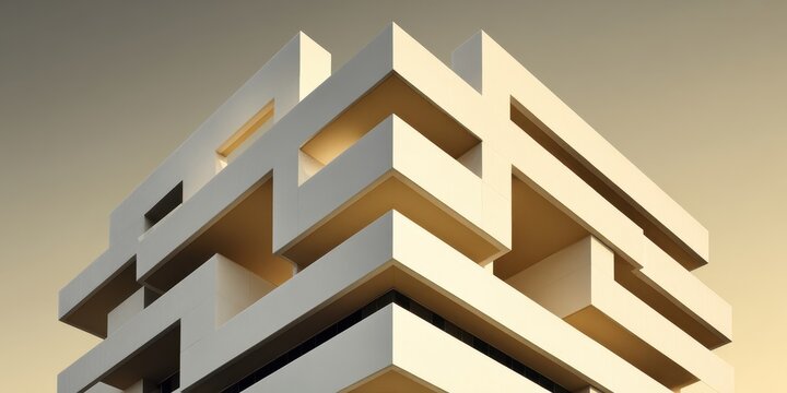 Elegant white geometric building bathed in warm golden hour light