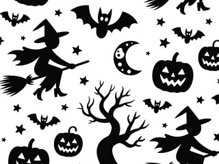 Seamless halloween vector illustration pattern of witches bats pumpkins and spooky trees for eps design silhouette vector illustration white background