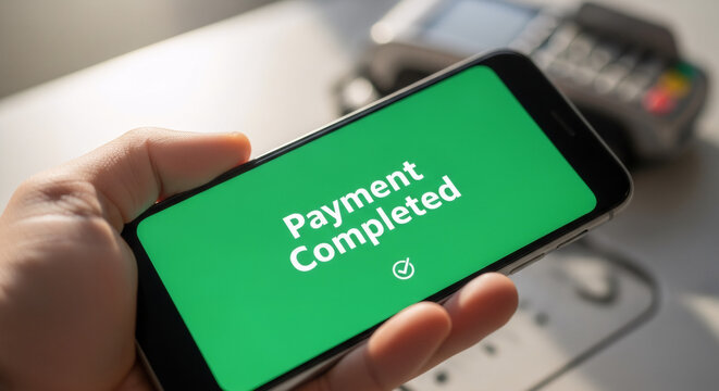 Mobile payment completed on smartphone screen showing successful transaction with green background. Payment process involves digital integration with payment terminal to enhance checkout experience.