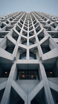 Upward view of modern geometric concrete building facade with intricate pattern.