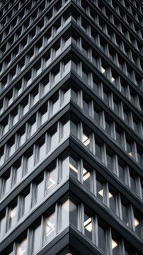 Dramatic low-angle view of modern skyscraper corner with glowing windows.