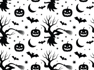 Seamless halloween pattern vector illustration featuring spooky pumpkins bats witch brooms and crescent moons for festive design silhouette vector illustration white background