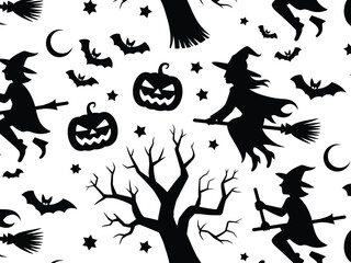 Seamless halloween pattern vector illustration with witches bats pumpkins and trees eps silhouette vector illustration white background