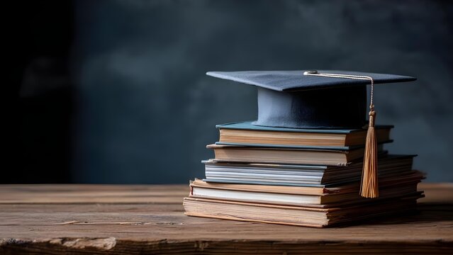Graduation cap with tassel resting on top of a stack of books on a wooden table. Concept Graduation cap with tassel on a stack of books, Wooden table study setup with education symbolism