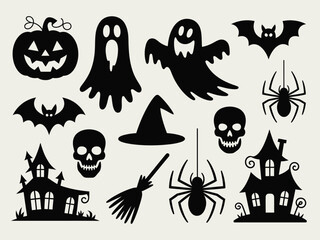 Collection of halloween silhouette illustrations including ghosts bats pumpkins skulls and spooky houses vector eps silhouette vector illustration white background