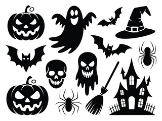 Collection of spooky halloween vector illustrations icons with pumpkins ghosts bats spiders witch hat castle and broom silhouette vector illustration white background