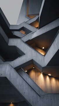 Brutalist geometric architecture featuring complex concrete staircases and warm lighting.