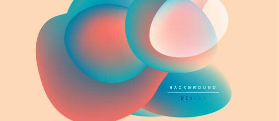 Abstract fluid shapes overlap, creating vibrant color gradients. Peach background complements blue, pink, orange hues. Modern design element.