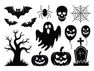 Collection of crisp black silhouette halloween icons vector graphics scalable illustration eps format silhouette vector illustration white background