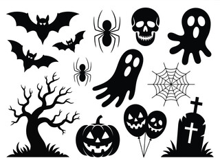 Collection of black halloween themed vector graphics and icons for spooky season designs silhouette vector illustration white background
