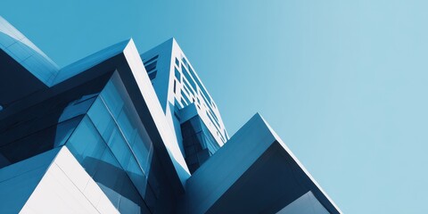 Modern architectural facade with sharp angles and reflective blue glass against clear sky.