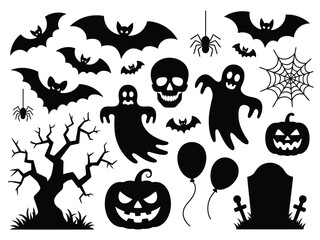 Vector halloween silhouettes collection spooky ghosts bats pumpkins spiders and haunted tree illustration silhouette vector illustration white background