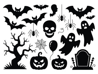 Scary halloween silhouette vector graphics collection spooky bats ghosts pumpkins and skeletons for design silhouette vector illustration white background