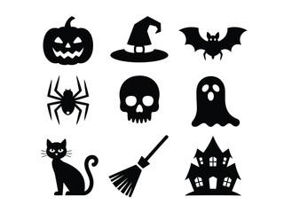 Set of black silhouette halloween icons featuring pumpkin spider ghost bat witch hat silhouette vector illustration white background