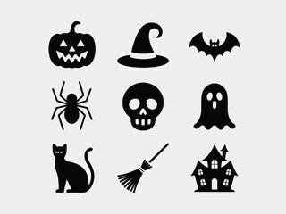Set of 9 black halloween vector icons including pumpkin bat skull ghost cat and haunted house scalable eps silhouette vector illustration white background